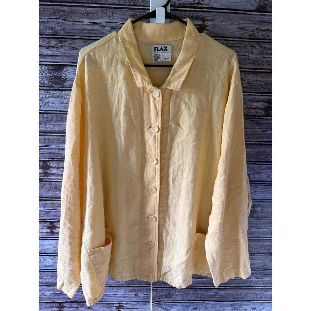 FLAX Women's Long-Sleeved Button Down Shirt Jacket 3X Yellow Lagenlook Pockets